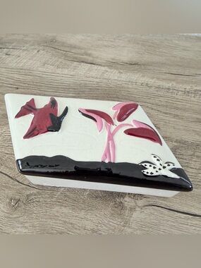 Vintage MCM Frazer Trinket Hand Painted Pink White Fish Ceramic Cigarette Box